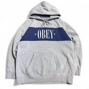Obey Color Block Pullover Hoodie Grey & Blue Sz Large